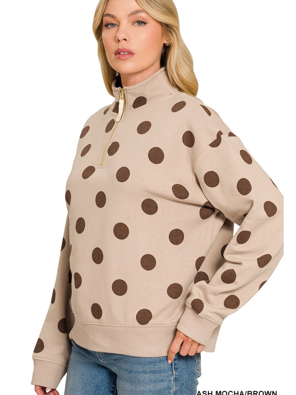 πNEW! LAST TWO! Polka Dot Half-Zip Fleece Pullover - Ash Mocha/Brown - Picture 2 of 4